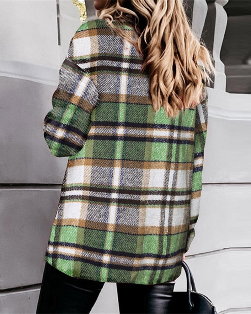 

Plaid Print Button Front Long Sleeve Shacket Casual Turn-down Collar Pocket Design Coat, Green