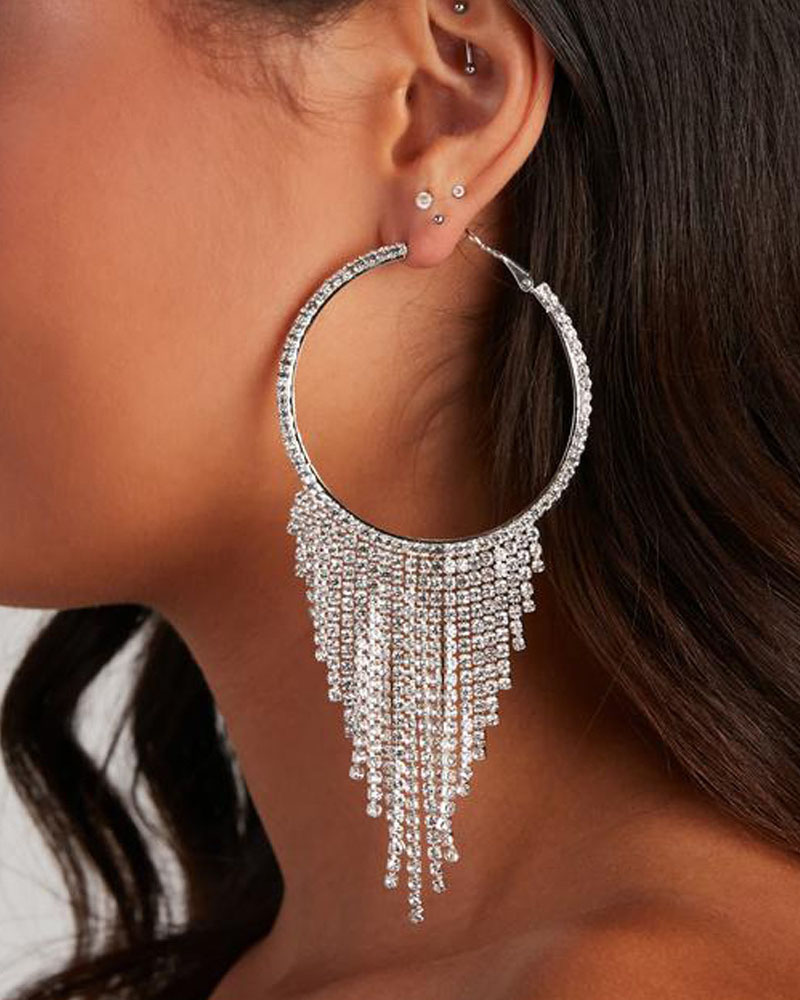 

Tassel Design Rhinestone Hoop Earrings, Silver