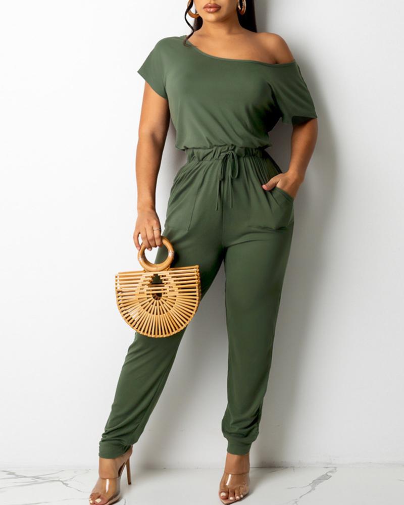 

Solid Color One Shoulder Drawstring Waist Jumpsuit, Green