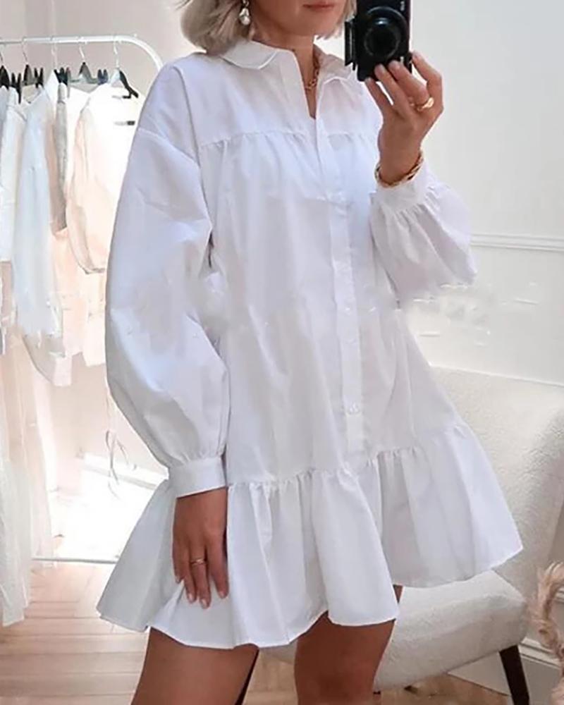 

Button Design Lantern Sleeve Ruffle Hem Women Shirt Dress, White