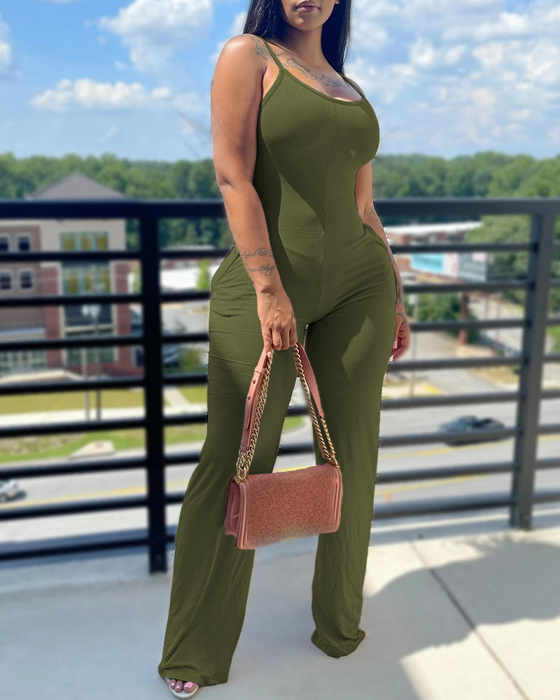 

U Neck Sleeveless Pocket Design Jumpsuit, Army green