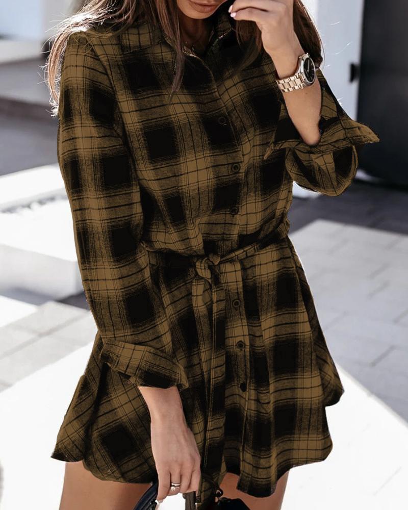 

Long Sleeve Plaid Print Button Design Shirt Dress, Apricot