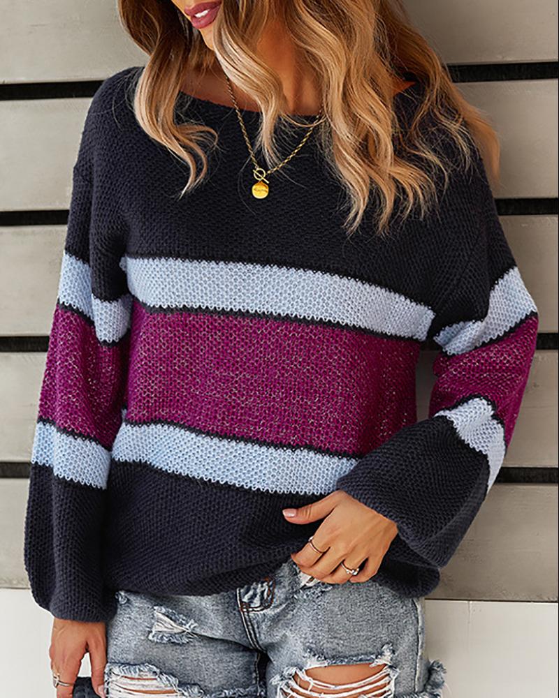 

Striped Colorblock Knit Long Sleeve Casual Sweater, Purplish blue