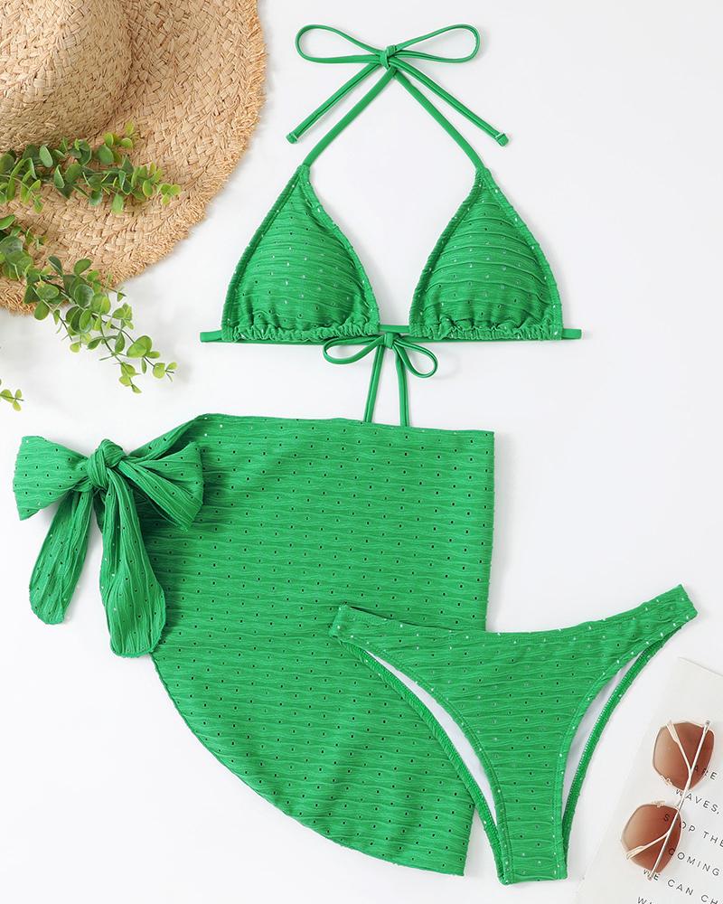 

3PCS Hollow Out Drawstring Textured Bikini Set With Cover Up, Green