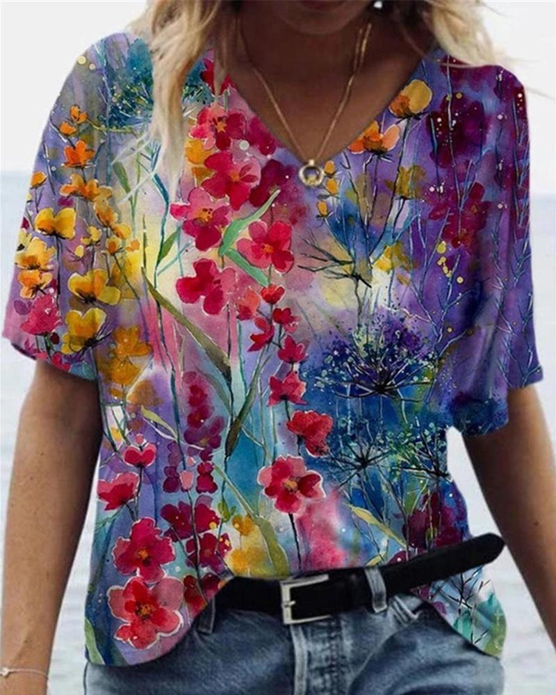 

Floral Graphic Print Short Sleeve T-Shirt, Style4