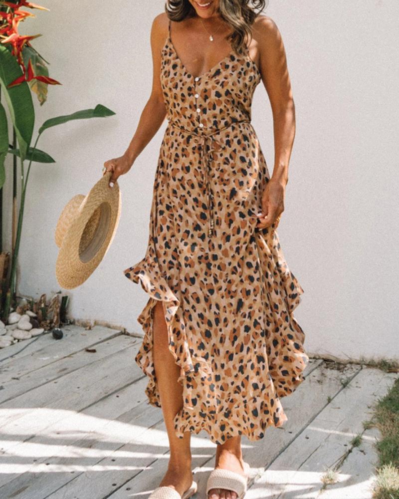 

Spaghetti Strap Leopard Ruffles Halter Slit Maxi Women Dress, Brown