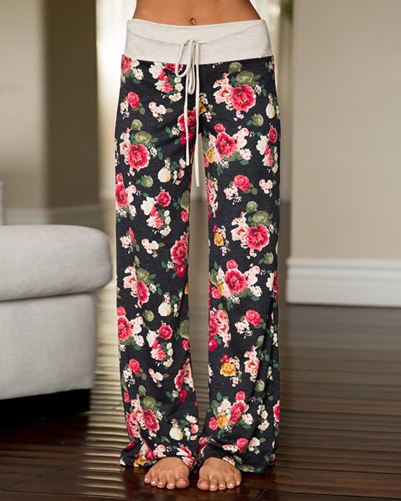 

High Waist Floral Print Casual Pants, Red