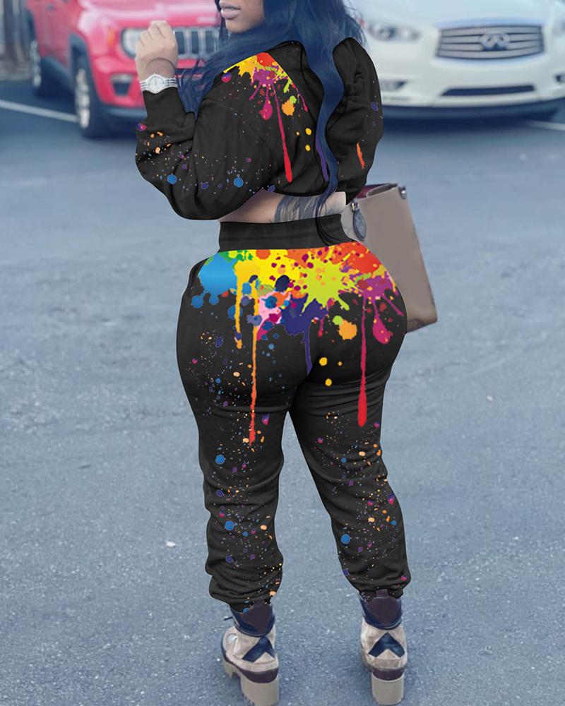 

Ink Splash Print Hooded Top & Pants Set, Black