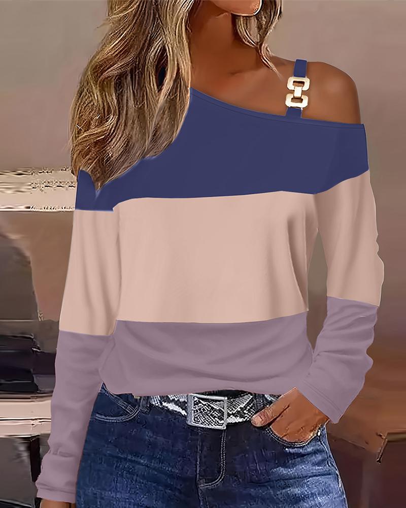 

Colorblock Cold Shoulder Long Sleeve Top, Multicolor