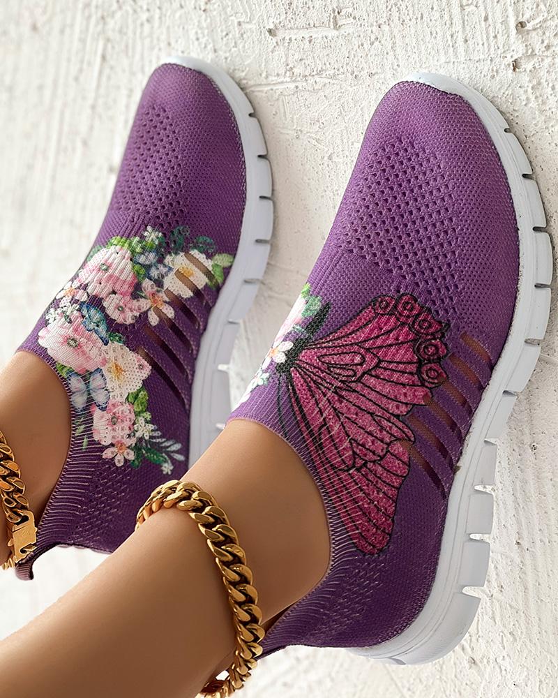 

Floral Butterfly Print Breathable Slip-On Sneakers, Purple