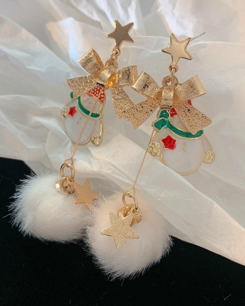 

Christmas Bowknot Snowman Pattern Pom Pom Drop Earrings, White