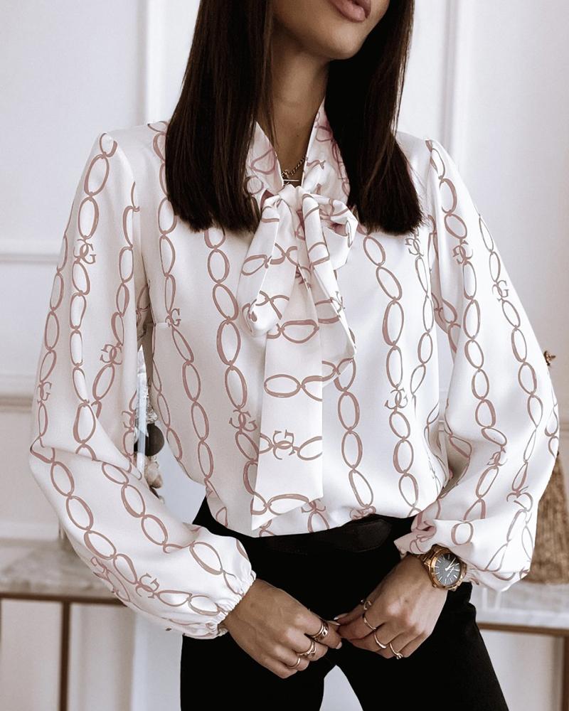 

Allover Print Lantern Sleeve Tied Neck Top, White