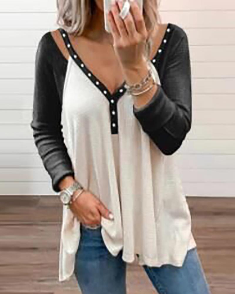 

Colorblock V Neck Patchwork Top, Black
