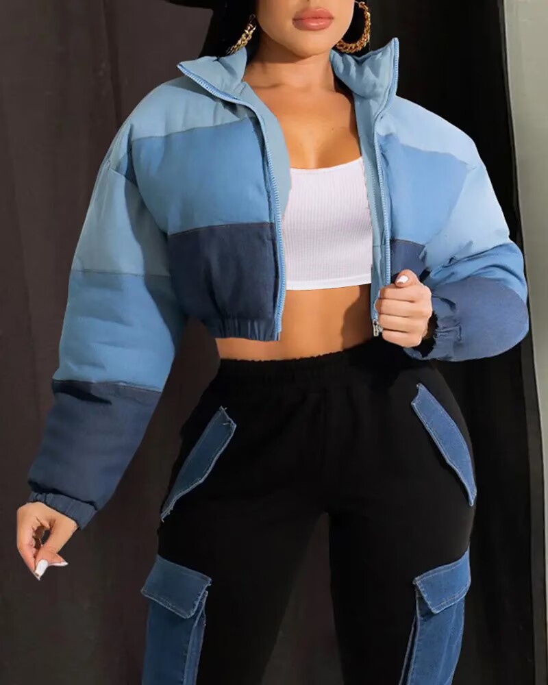 

Colorblock Zipper Design High Neck Puffer Coat, Blue