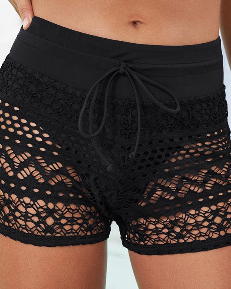 

Hollow Out Crochet Drawstring Bikini Shorts, Black