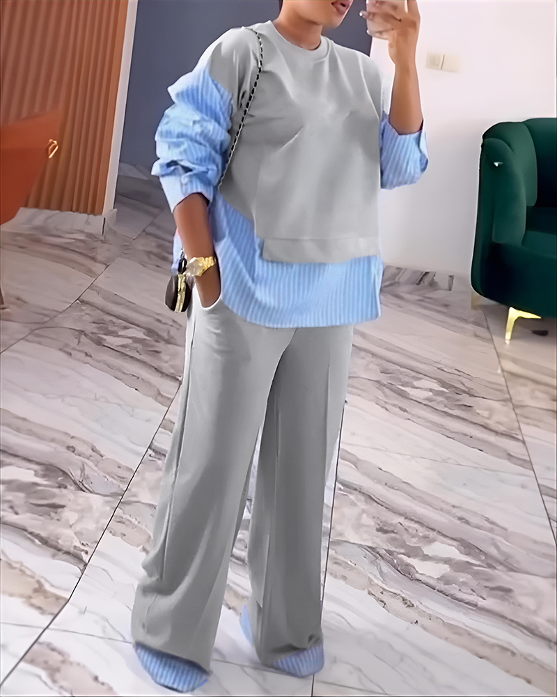 

Ensemble 2 pièces à imprimé rayé, sweat-shirt et pantalon large décontracté, Light gray