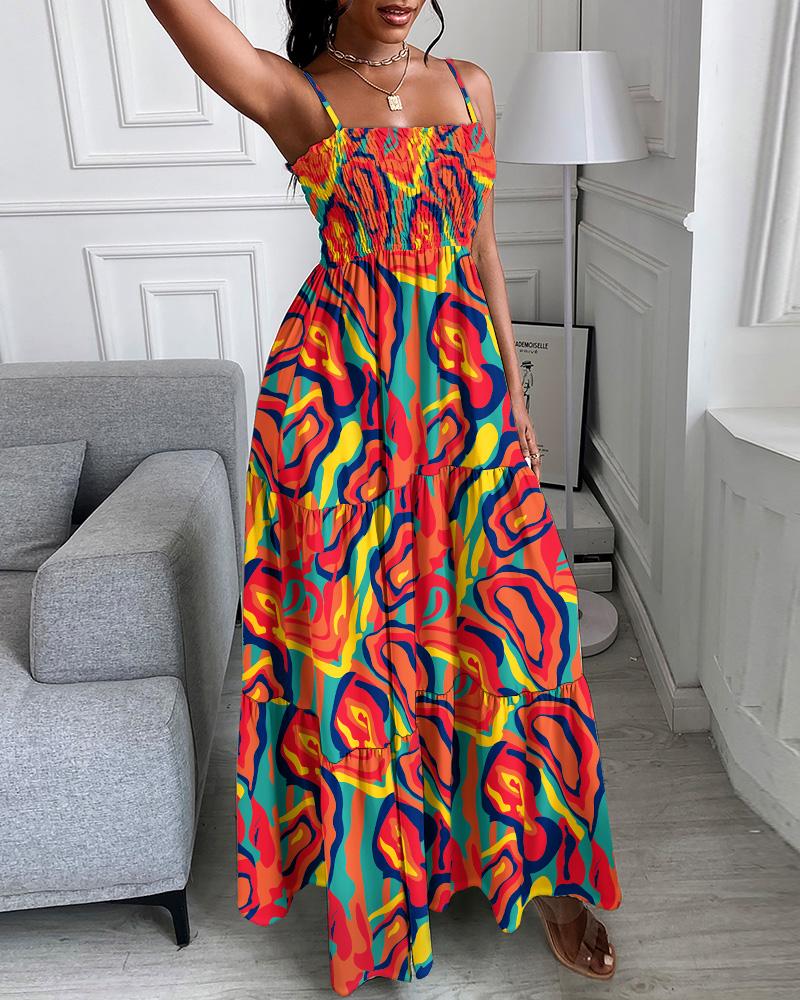 

Multi-Color Abstract Print Shirred Smock Maxi Dress, Multicolor