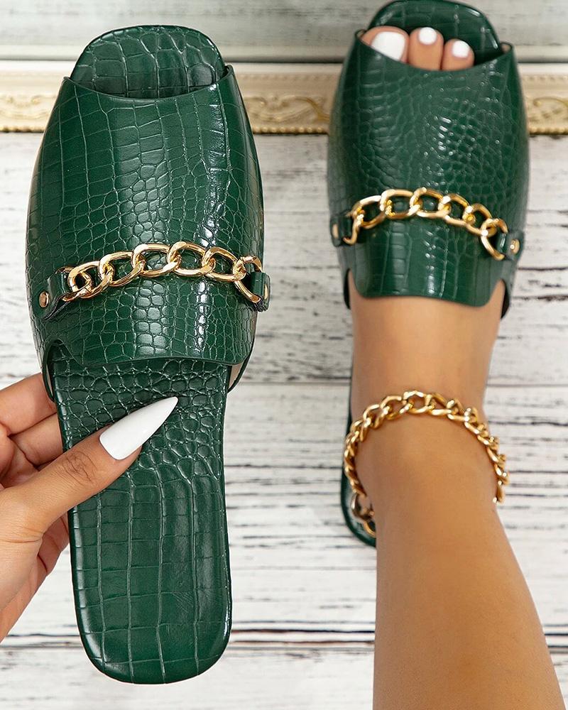 

Crocodile Chain Decor Peep Toe Slippers, Green