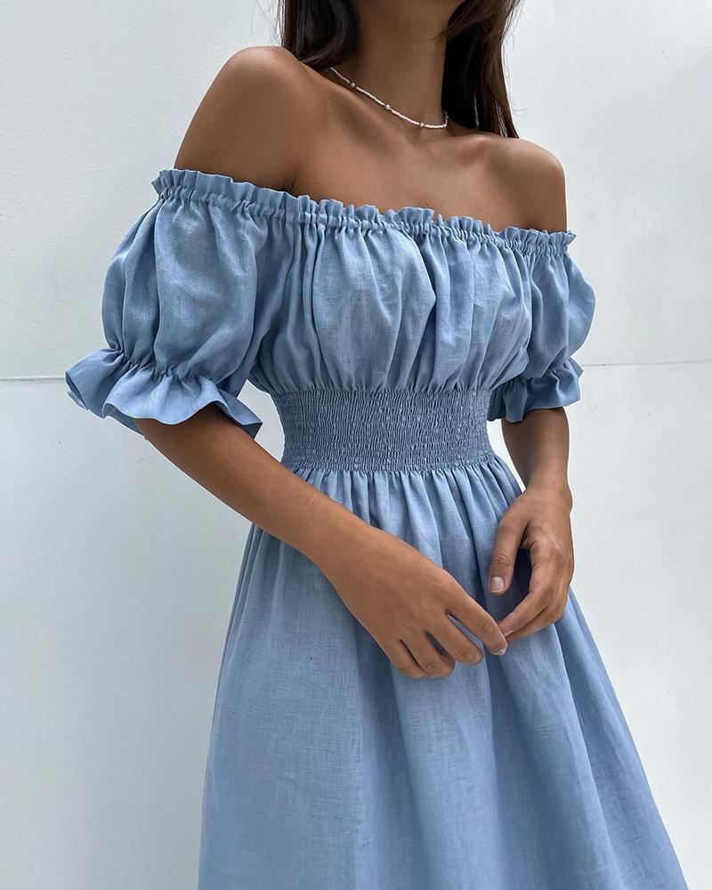 

Off Shoulder Frill Hem Shirred Puff Sleeve Dress, Blue