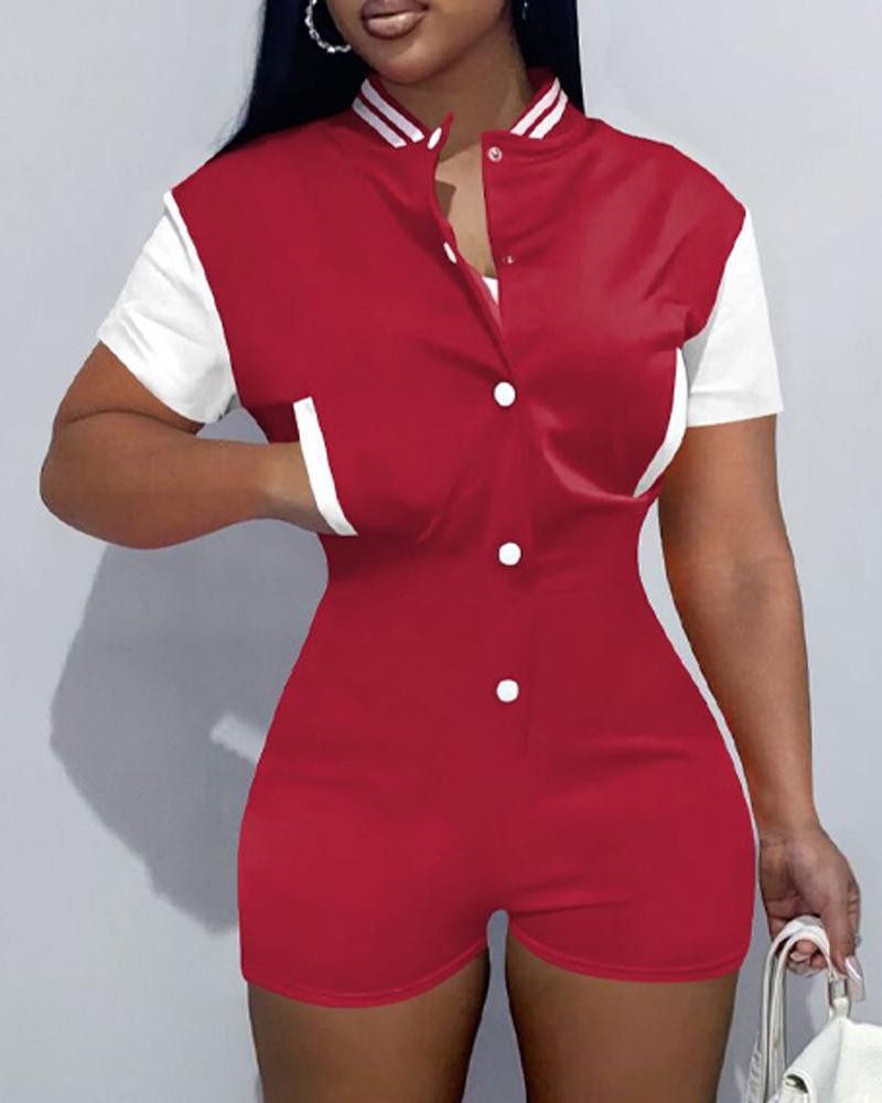 

Baseball Collar Contrast Paneled Button Front Romper, Red