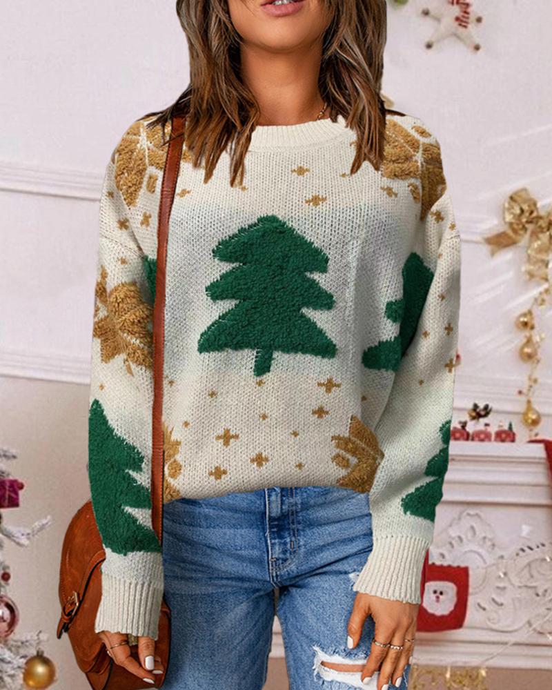 

Christmas Tree Snowflake Pattern Sweater, White
