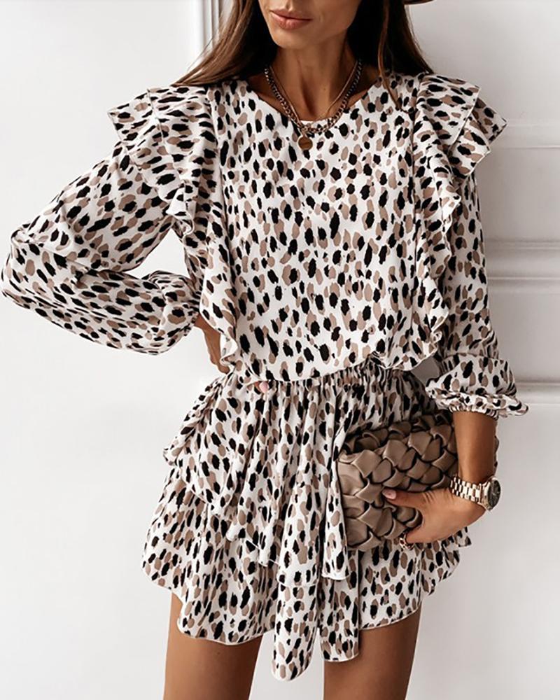 

Ruffles Leopard Print Ruched Dress, Khaki