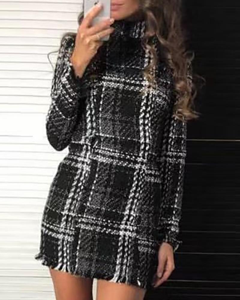 

Mock Neck Long Sleeve Plaid Fringed Bodycon Dress, Black