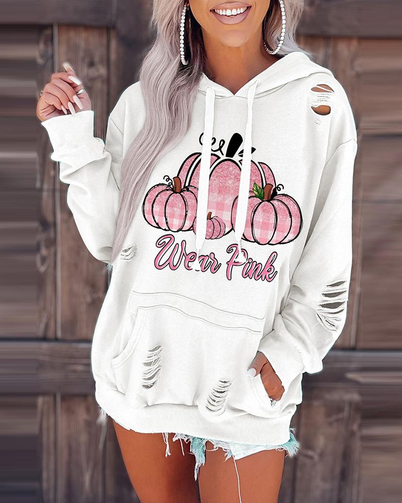 

Halloween Pumpkin Wear Pink Plaid Print Ladder Cutout Hoodie, White