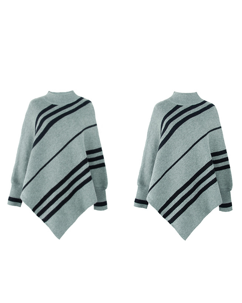 

Striped Cape Sleeve Poncho Sweater, Gray