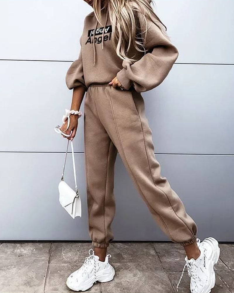 

Letter Print Drawstring Hoodie & Sweatpants Set, Khaki