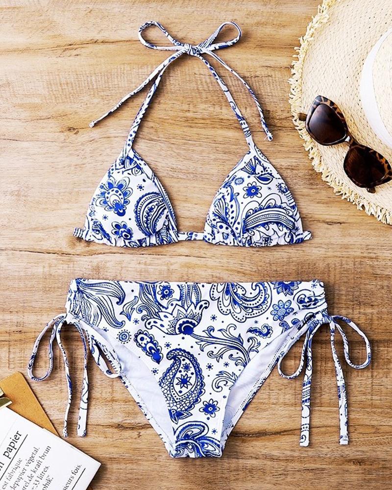 

Paisley Print Halter Lace-up Sleeveless Bikini Sets, Blue