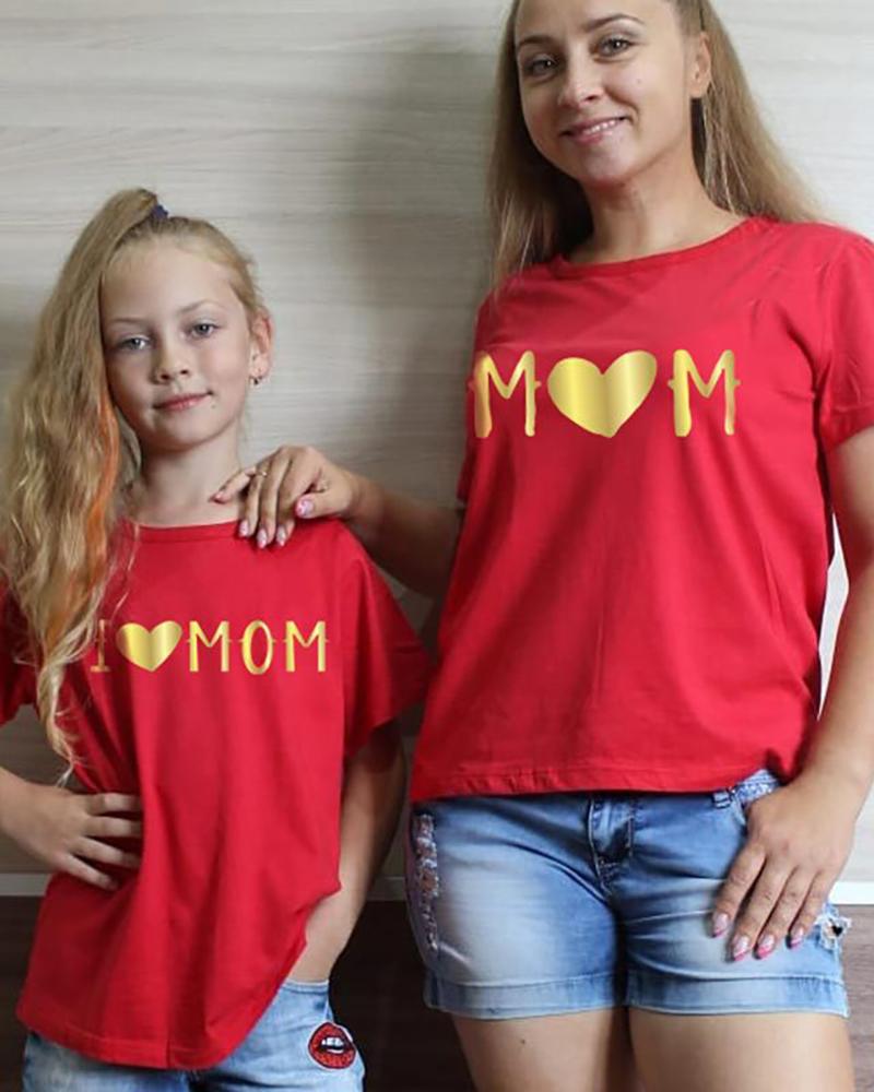 

Mommy & me Bronzing Letter Heart Print Short Sleeve T-shirt For Mom, Red