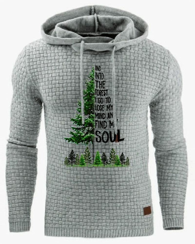 

Men Letter Tree Print Long Sleeve Hooded Top, Gray