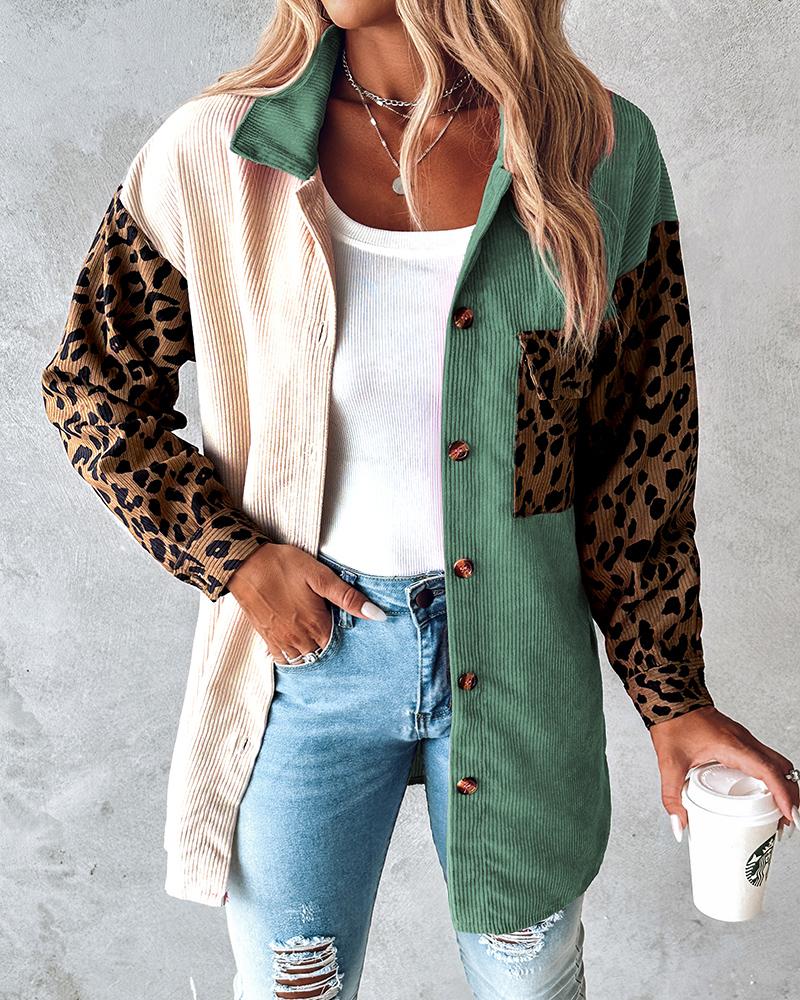 

Colorblock Leopard Print Corduroy Shacket, Green