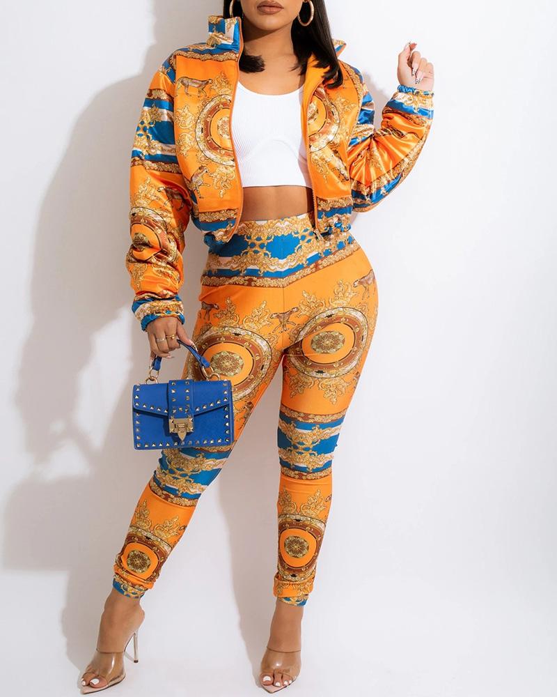 

Leopard Scarf Print Zipper Design Puffer Coat & Pants Set, Yellow