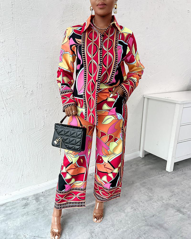 

All Over Print Shirt & Wide Leg Pants Set, Red