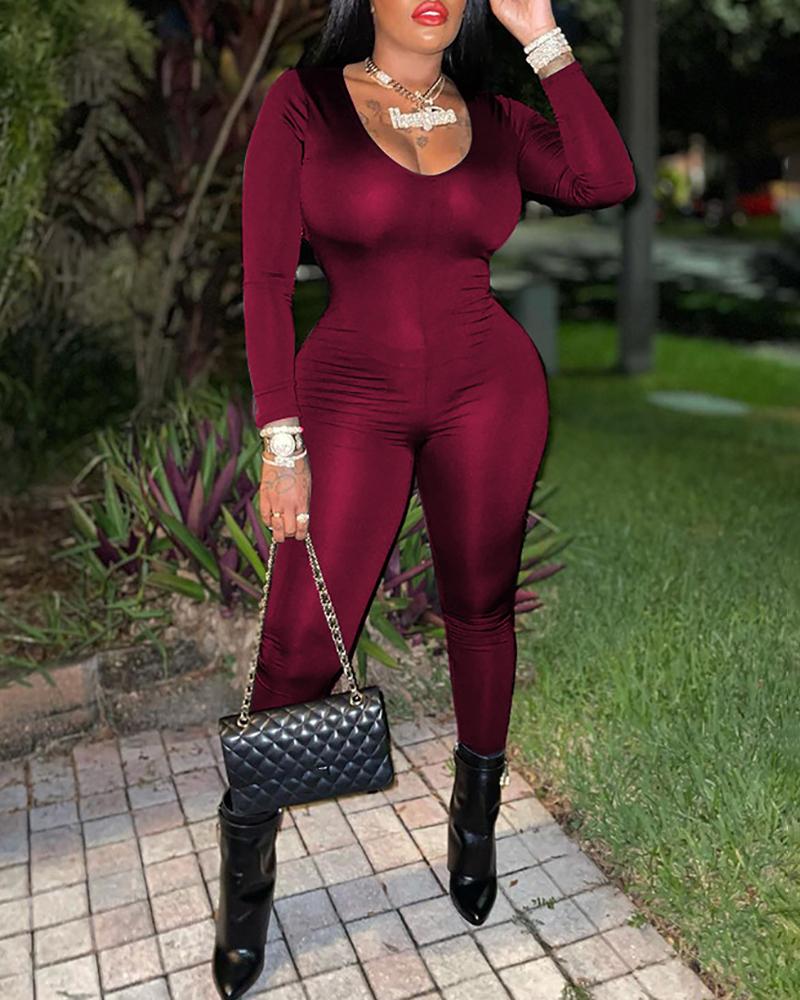 

Long Sleeve U Neck Drawstring Back Jumpsuit, Wine red