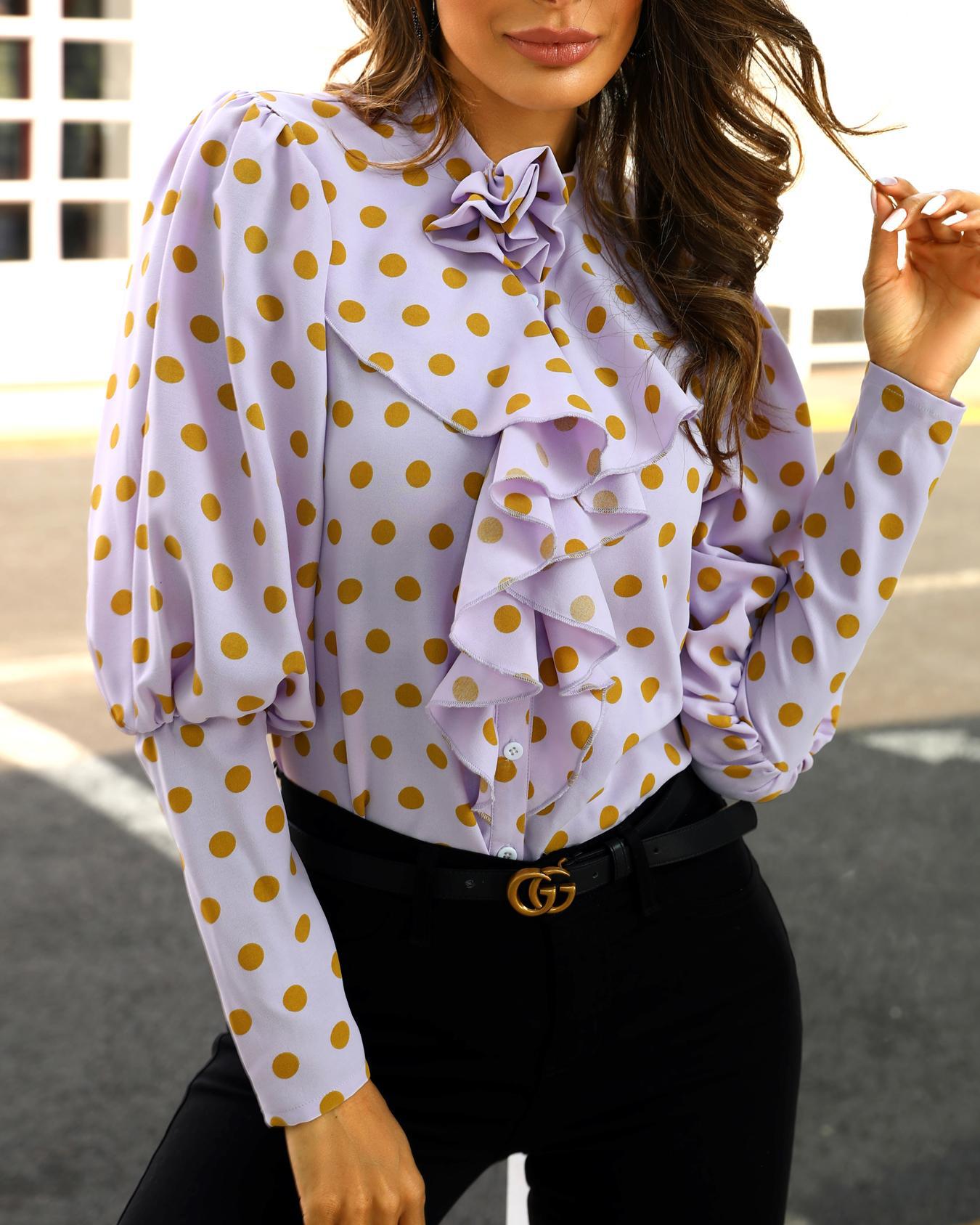 

Dot Lantern Sleeve Ruffles Casual Blouse, Light purple