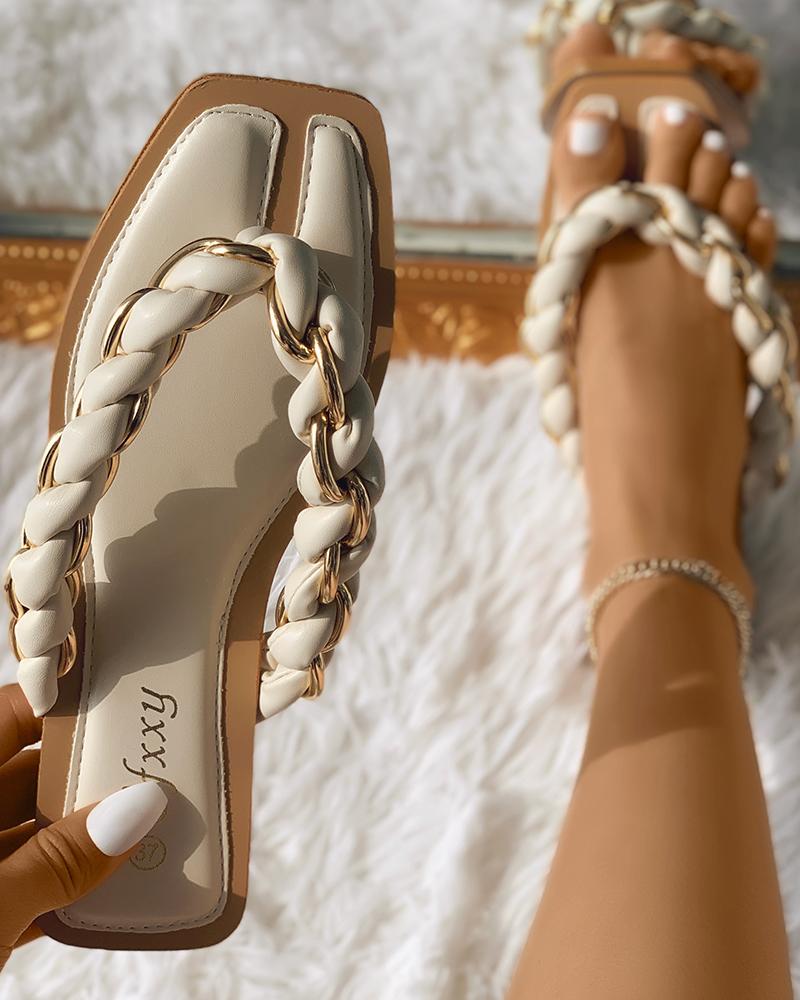 

Chain Strap Square Toe Flip Flops, Beige