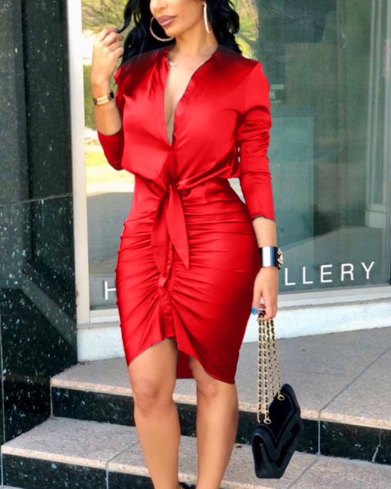 

Tie Front Ruched Long Sleeve Shirt Dress, Red