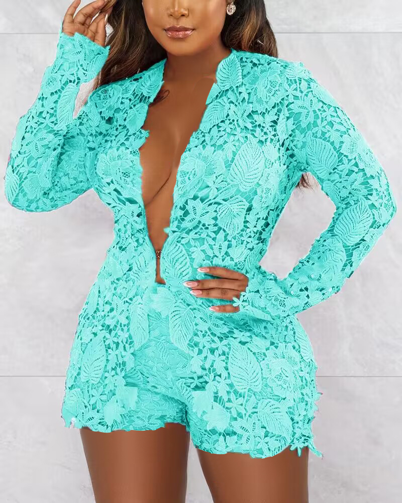 

Long Sleeve Guipure Lace Top & Shorts Set, Blue