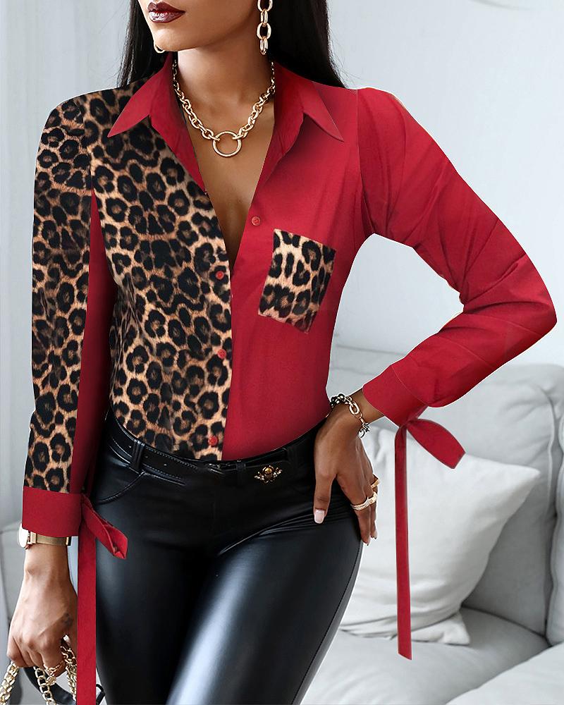 

Leopard Print Tied Detail Buttoned Shirt, Red