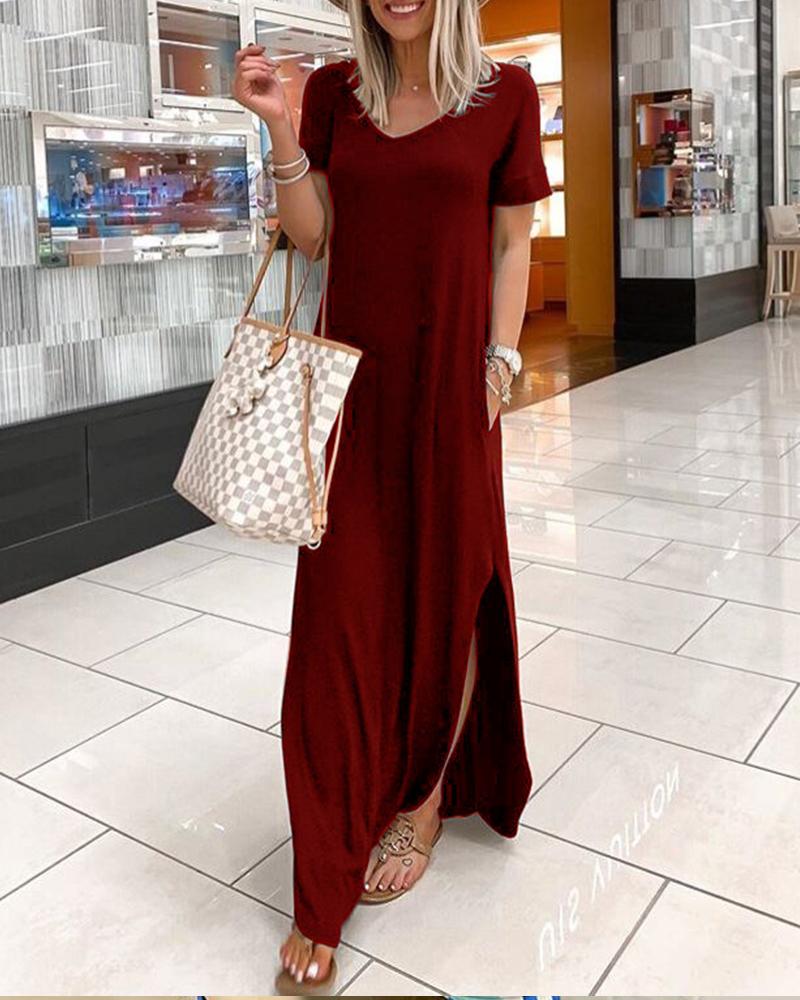 

Solid Color Short Sleeve Slit Maxi Dress With Pockets, Wine red