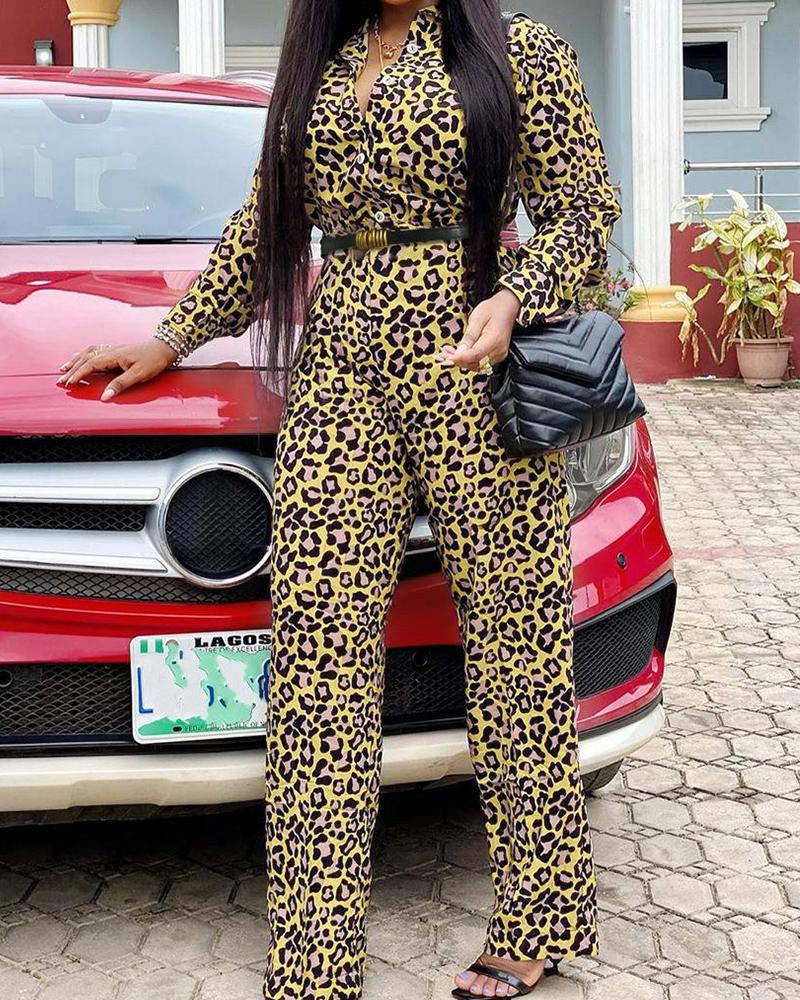 

Leopard Printing Long Sleeve Jumpsuit With Belt