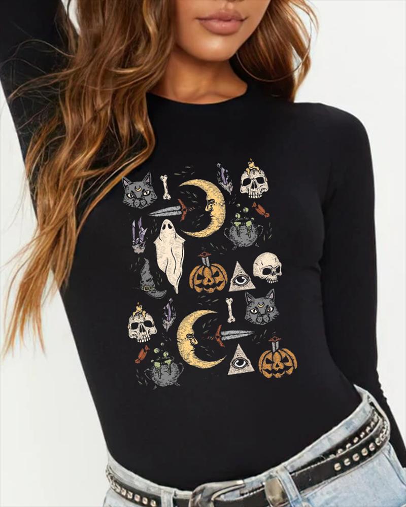 

Halloween Graphic Print Long Sleeve Top, Black