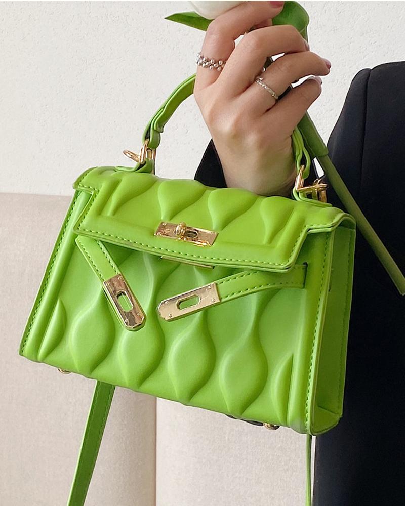 

Embossed Flap Shoulder Bag With Handle, Green