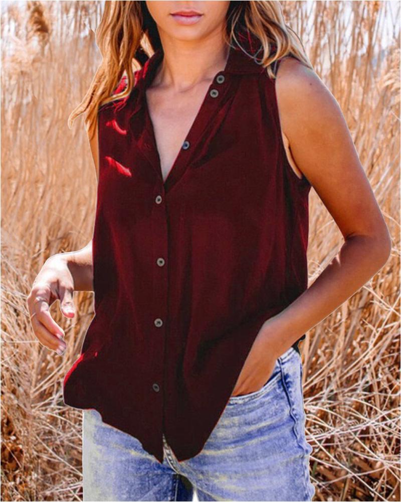

Sleeveless Plain Button Down Shirt, Wine red