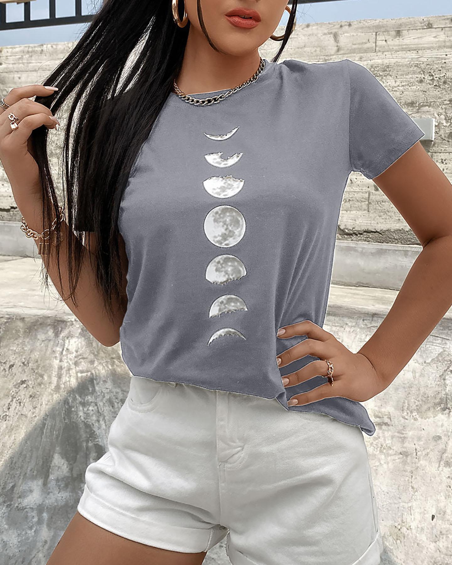 

Moon Print Short Sleeve Casual T-shirt, Gray