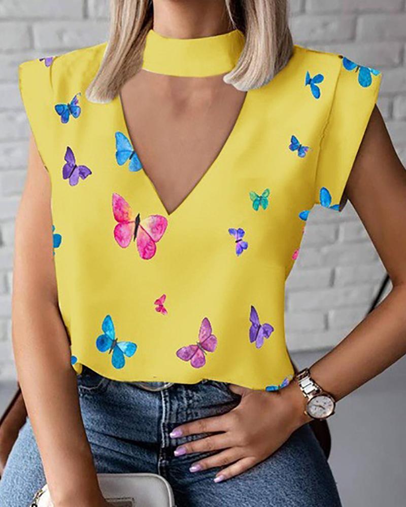

Butterfly Print Cutout Casual Top, Yellow