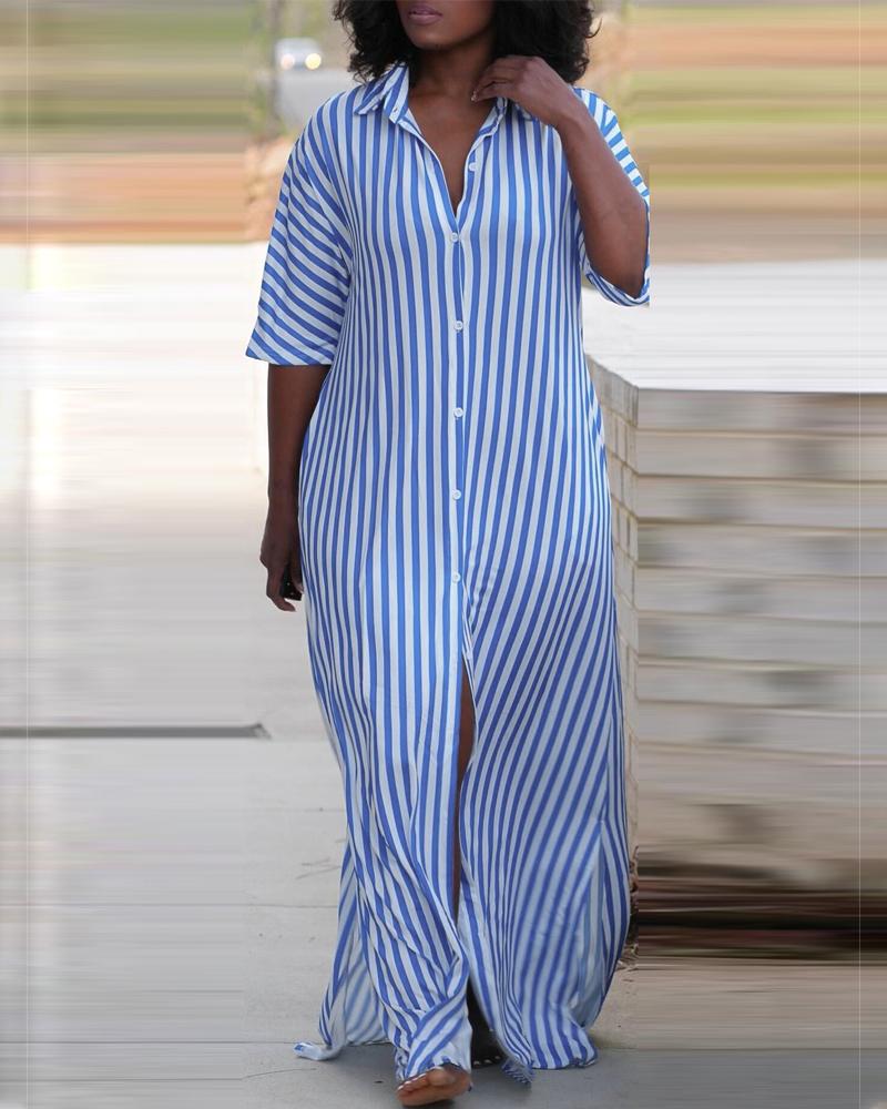 

Striped Buttoned Slit Shirt Dress, Blue